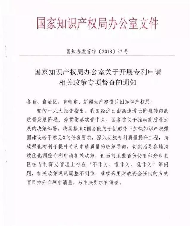 关于开展专利申请相关政策专项督查的通知
